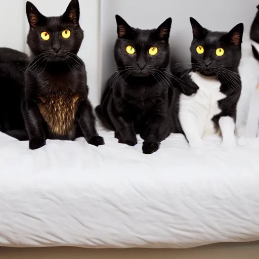 Prompt: photo of a group of black cats with large buggy yellow eyes, sitting on a bed