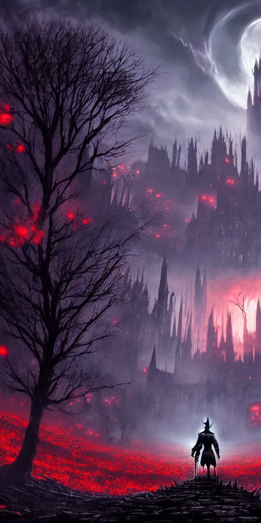 Image similar to populated bloodborne old valley with a dark person at the centre and a ruined gothic city in the background, trees and stars in the background, falling red petals, epic red - orange moonlight, perfect lightning, wallpaper illustration by niko delort and kentaro miura, 4 k, ultra realistic