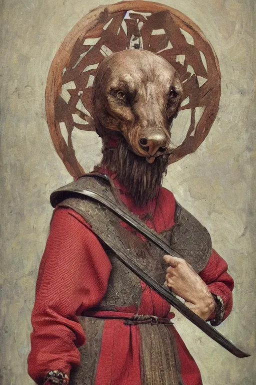 Image similar to slavic dog head man, woolen torso in medieval clothes, fights with a sword, orthodox, oil painting, concept art, hyperrealism, beautiful, high resolution, trending on artstation, by annie swynnerton and nicholas roerich, elaborate costume, geometric ornament, extremely detailed, two hands,