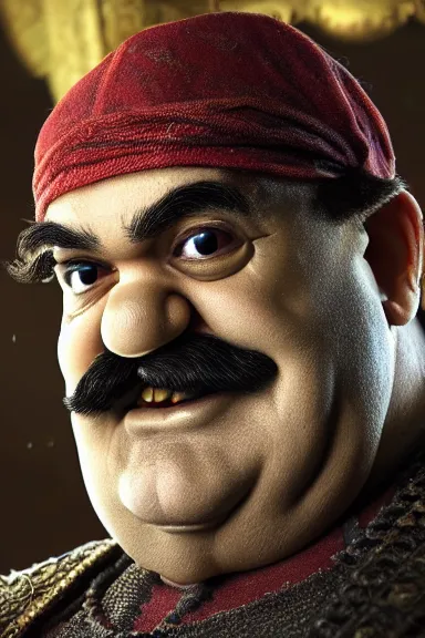 Image similar to very very intricate photorealistic photo of wario in an episode of game of thrones, photo is in focus with detailed atmospheric lighting, award - winning details