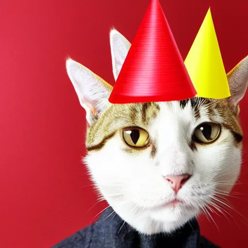 Prompt: man with a cat head wearing a party hat