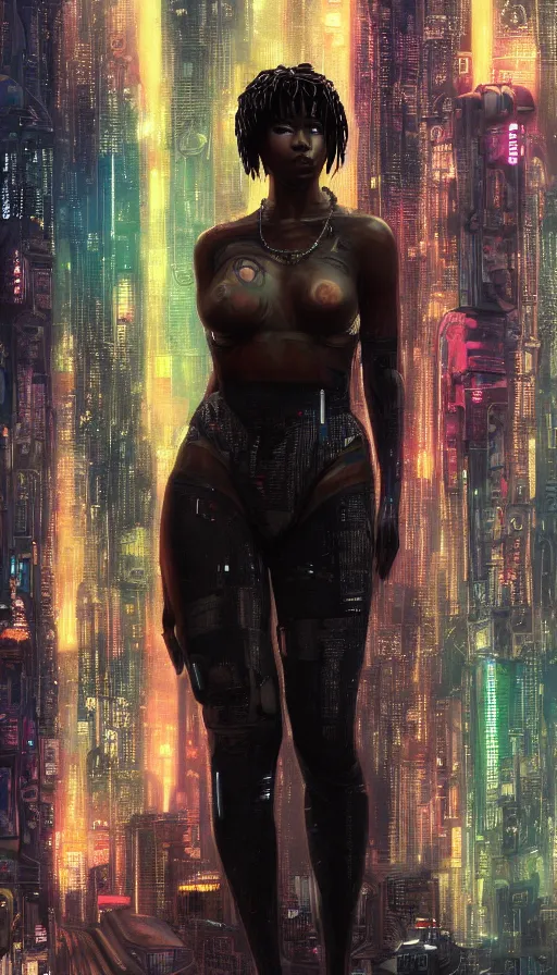 Image similar to a beautiful young Black woman, cyberpunk, Blade Runner city background, highly detailed, 8K, artstation, illustration, art by Gustav Klimt