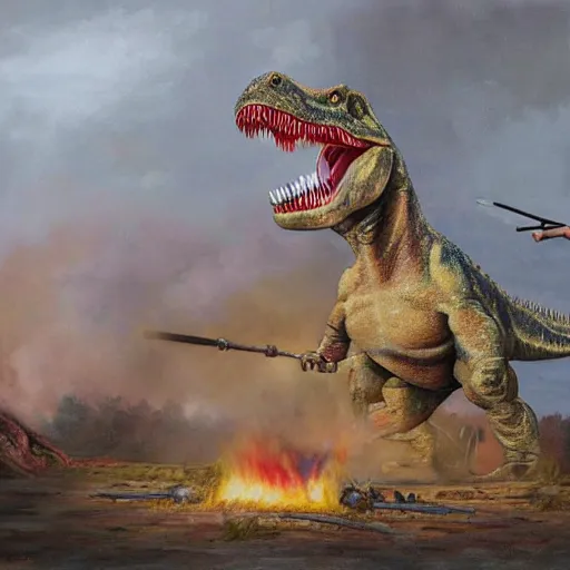 Image similar to a hype rrealistic painting a dinosaur beef on a spit, cooked