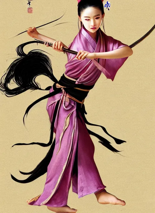 Image similar to a barefoot female dancer using a silk belt as weapon, wuxia, xianxia, barefoot, tanned skin, athletic, vivacious, absurdly beautiful, hanfu, fully clothed, chinese ribbon dance, silk belt, scorpion whip, detailed, realistic, anatomically accurate, in the style of wlop on artstation, wang liang.