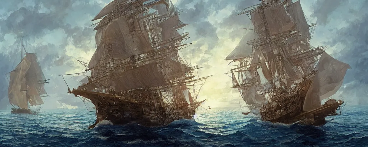 Prompt: A picture of a single ship The black pearl ship in the caribbean sea, accurate, tropical, highly detailed, digital painting, concept art, sharp focus, illustration, cold, art by artgerm and greg rutkowski and alphonse mucha