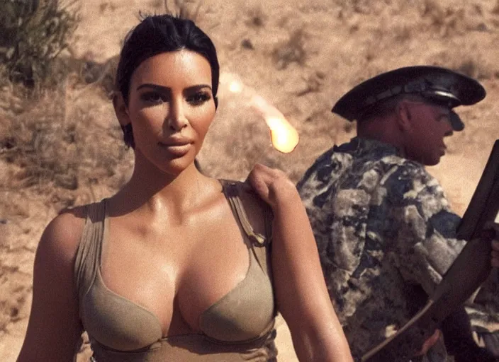 Image similar to a film still of kim kardashian as a soldier firing a rifle over a dirty trench with her top slightly open neckline. backround : warfield