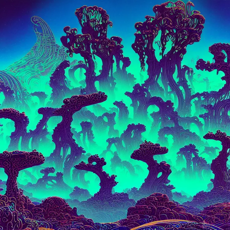 Prompt: epic shimmering ancient ruins in desert canyon valley night, haunted sky, infinite fractal waves, synthwave, bright neon colors, highly detailed, cinematic, eyvind earle, tim white, philippe druillet, roger dean, ernst haeckel, lisa frank, aubrey beardsley, kubrick, kimura, isono