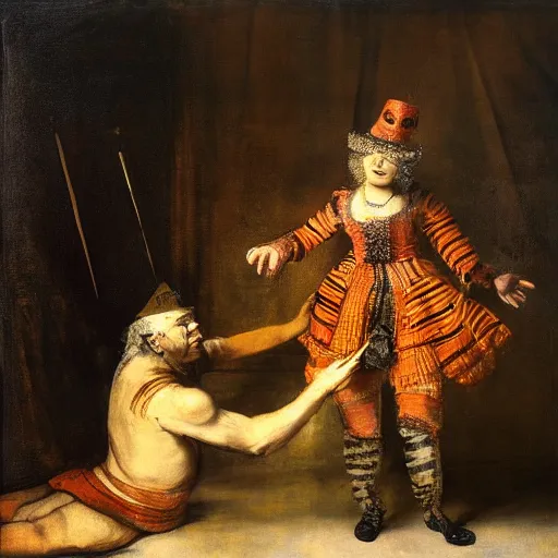 Prompt: stage magician turning his sexy assistant into a tigress, rembrandt