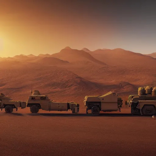 Prompt: military convoy driving through Namibia in the golden hour, long shadows, digital painting by Mike Winkelmann