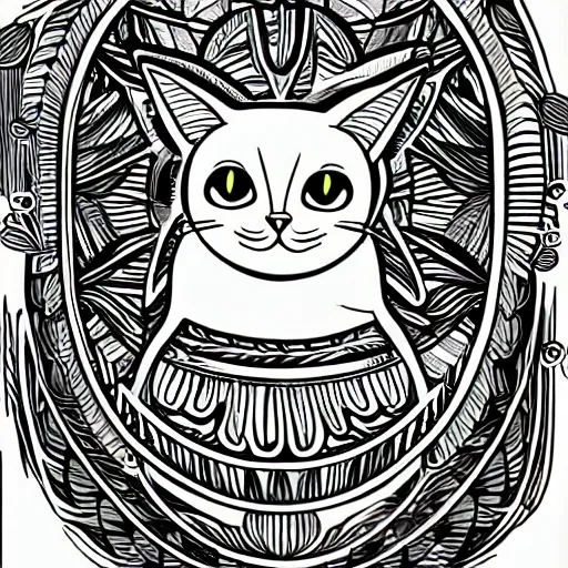 Image similar to tattoo sketch of a cat hugging the sun, on a canva, polynesian style, ornamental, line art, vector,