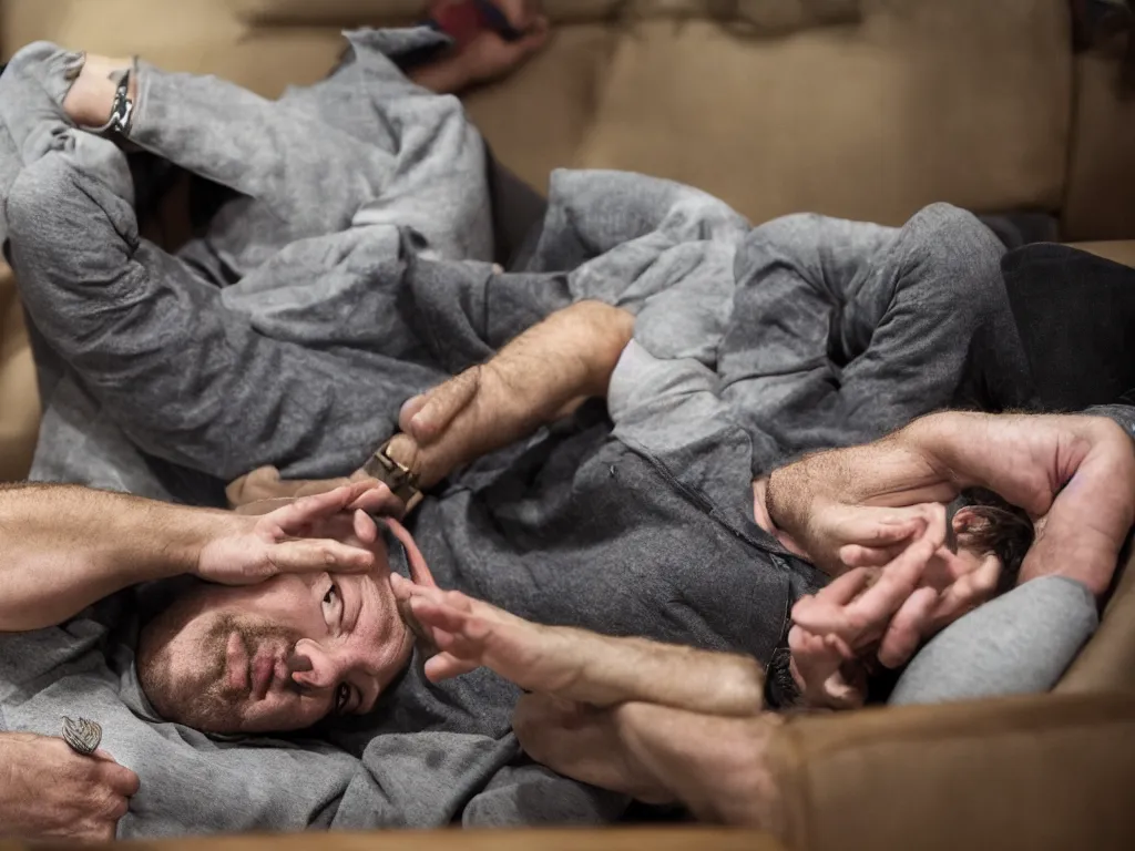 Image similar to Barret Wallace lying on a sofa at a psychotherapy session and telling his issues to his therapist, Nikon D810 , ISO 64 , focal length 20mm, Aperture f/9, Exposure Time 1/40, award-winning National Geographic photo, sharp focus