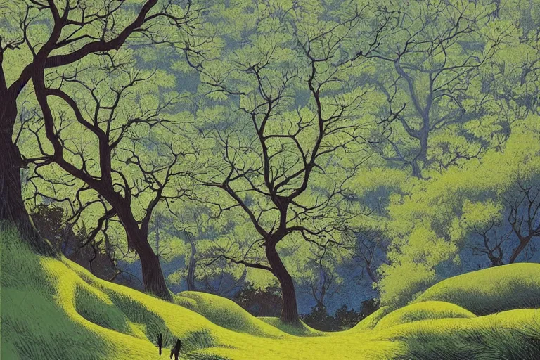 Image similar to masterpiece painting of oak trees on a hillside overlooking a creek, dramatic lighting, by victo ngai