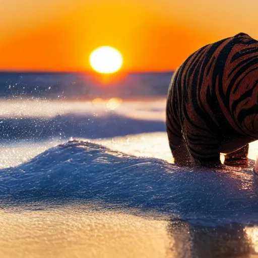 Image similar to a closeup photorealistic photograph of a cute smiling knitted tiger hippopotamus chasing towards a beachball at sunset. surf in background. professional capture. brightly lit scene. this 4 k hd image is trending on artstation, featured on behance, well - rendered, extra crisp, features intricate detail, epic composition and the style of unreal engine.