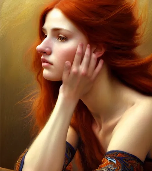 Image similar to portrait of a beautiful auburn - haired woman sitting upon a table with heightened detail, poised, intense emotion, detailed facial expression, detailed surroundings, intricate, elegant, highly detailed, centered, digital painting, artstation, concept art, smooth, sharp focus, illustration, by ( john william waterhouse ), wlop