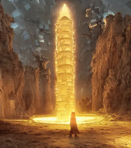 Image similar to tarkovsky greatest scene, the ancient destroyed majestic tower of babylon, a woman in futuristic cyber clothing, transparent puffer jacket, hyper realistic, blockchain, virtual world, ambient lighting, concept art, intricate, hyper - detailed, smooth, dynamic volumetric lighting, corona render, ray trace, cinematic, high quality, high resolution, 4 k, cgsociety