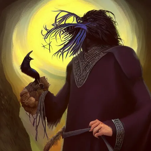 Image similar to Meneldas the Magnificent, a proud wizard with a raven familiar, 8k resolution, full-length portrait, digital painting, fantasy illustration by Brom, D&D Dark Sun character art