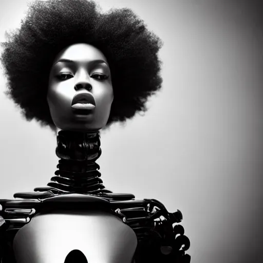 Image similar to close up of a black female fashion model with huge hair in year 3000 in art-deco entrance hall, robot shape black dress, photography , official Vogue editorial , highly detailed
