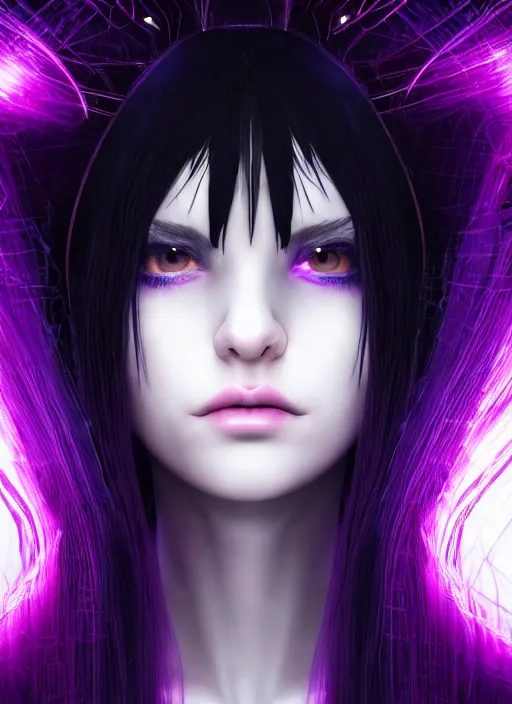 Image similar to hair whitebangs hair, black cyberlox, portrait of teenage girl with white bangs, whitebangsblackhair, messy bangs, cyberlox, whitebangs, red irises, purple clothes, intricate, elegant, glowing lights, highly detailed, digital painting, artstation, concept art, sharp focus, illustration, art by wlop, mars ravelo and greg rutkowski