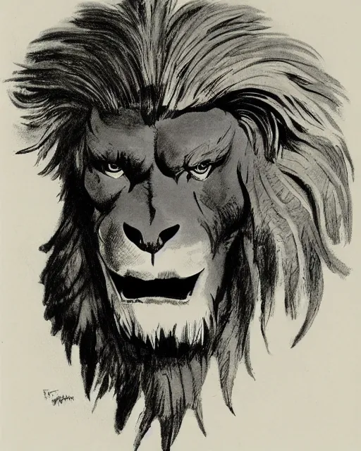 Image similar to a creature with the body and eyes of a man, beak of an eagle instead of a nose, the mane of a lion, two horns of an ox on the head. drawn by frank frazetta