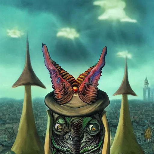 Image similar to A centered chest up portrait of a psychedelic demonic anthropomorphic moth smoking a hand-rolled cigarette smoking heavily , magic mushroom village in background , award winning. superb resolution. in the art style of junji Ito and greg rutkowski . Detailed Mushroom city in background. Hyper realistic anime. Perfect art. Dalle2