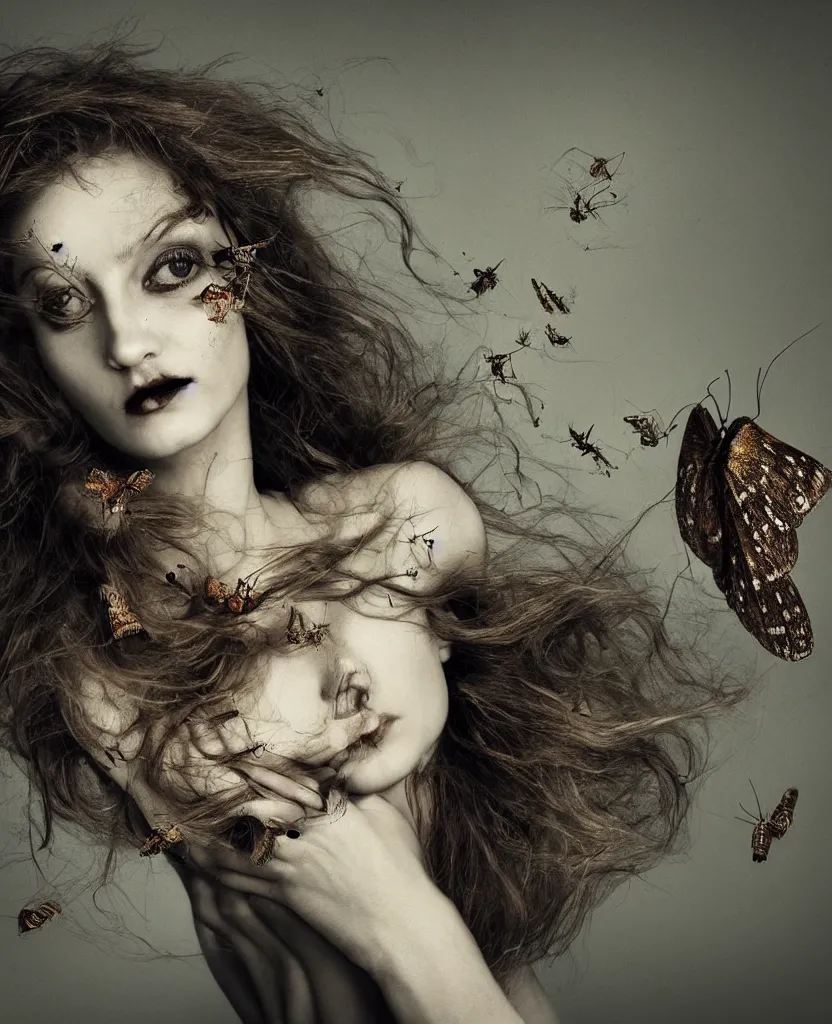 Prompt: head and shoulders portrait of a beautiful woman with a large moth sitting on her face, caterpillars and grubs crawl over her body, long flowing hair, disturbibg and gothic, by Nina Masic by Flora Borsi, by Lee Jeffries