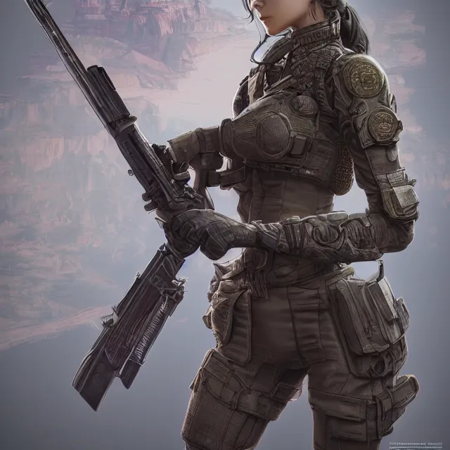 Prompt: the portrait of lawful neutral female futuristic infantry sniper as absurdly beautiful, gorgeous, elegant, young gravure idol, an ultrafine hyperdetailed illustration by kim jung gi, irakli nadar, intricate linework, bright colors, octopath traveler, final fantasy, unreal engine 5 highly rendered, global illumination, radiant light, detailed and intricate environment