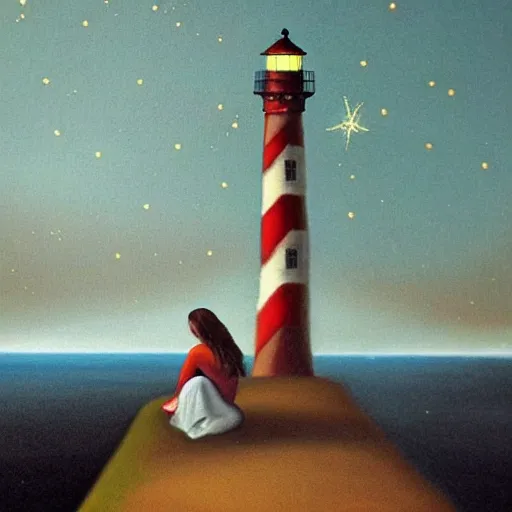 Prompt: naive art. woman sitting on wall looking at the ocean. lighthouse. stars. fireflies.