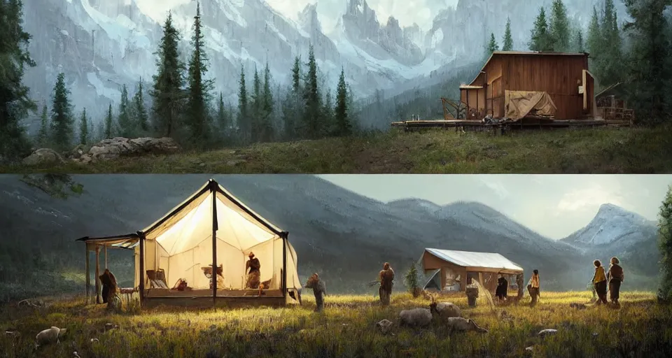 Image similar to cabela's beautiful comfortable modular insulated wall kit - house all weather family dwelling tent house, person in foreground, mountainous forested wilderness open fields, beautiful views, painterly concept art, joanna gaines, environmental concept art, farmhouse, magnolia, concept art illustration, by james gurney, by craig mullins, by greg rutkowski trending on artstation