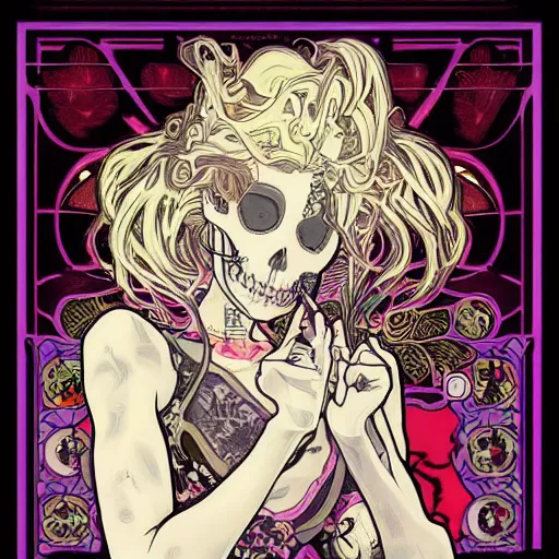 Image similar to manga skull portrait girl female skeleton realism hyperrealistic art Nintendo akira Scarlett Johanson and will cotton alphonse mucha pop art nouveau