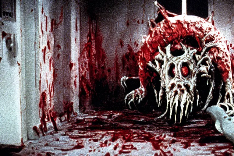 Image similar to filmic wide shot angle movie still 35mm film color photograph of a shape shifting horrific nightmarish abstract organism from The Thing 1982 attacking a mutilated deceased doctor who is completely drenched in blood in the style of a horror film