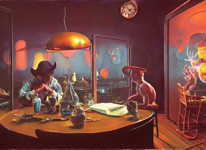 Prompt: dreamscape in a jar, gorgeous lighting, highly detailed, by francis bacon, surreal, norman rockwell and james jean, greg hildebrandt, scene from the movie forest gump, triadic color scheme, by greg rutkowski, in the style of francis bacon and syd mead and edward hopper and beksinski, dark surrealism, lucas films