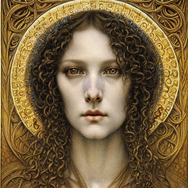 Image similar to detailed realistic beautiful young medieval queen face portrait by jean delville, gustave dore and marco mazzoni, art nouveau, symbolist, visionary, gothic, pre - raphaelite. horizontal symmetry