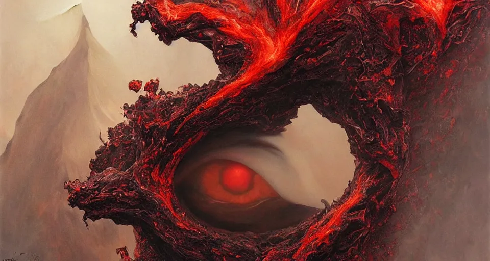 Image similar to a volcano made of ivory vines and crimson rocks enters in eruption, it spits a smoke in the shape of demonic eye, by Karol Bak, by Gainax Co,