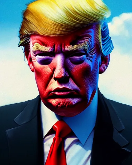 Image similar to highly detailed vfx portrait of donald trump as terminator, stephen bliss, unreal engine, greg rutkowski, loish, rhads, beeple, makoto shinkai and lois van baarle, ilya kuvshinov, rossdraws, tom bagshaw, alphonse mucha, global illumination, detailed and intricate environment