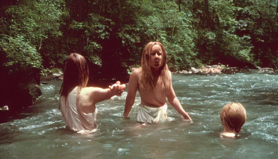 Prompt: 7 0 s film still from a horror movie about a baptism in a river, kodachrome, cinecolor, cinestill, film grain, film texture, retro, cinematic, high resolution, photorealism,