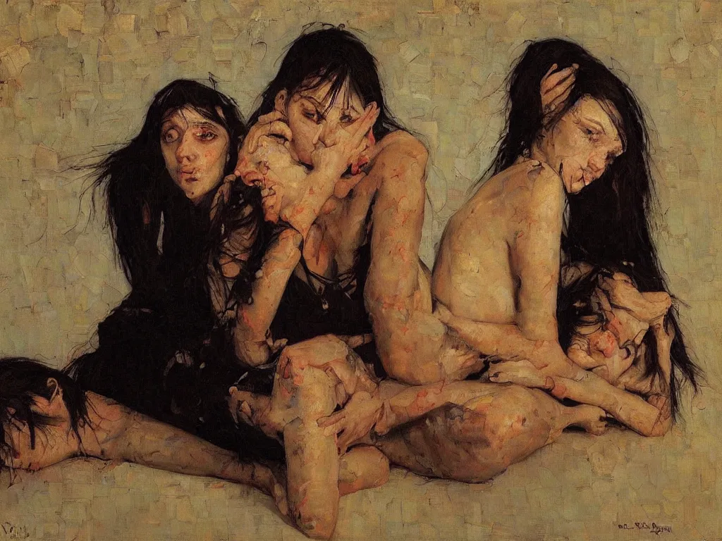 Prompt: vampire sad sisters, night, denis sarazhin, vrubel, oil on canvas