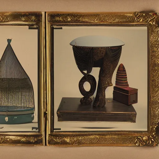 Prompt: A three color offset photography of surrealist objects on display, anthropology of wonder, surrealisme, exotic artifacts, colonial expedition, catalog exhibition, 60s style