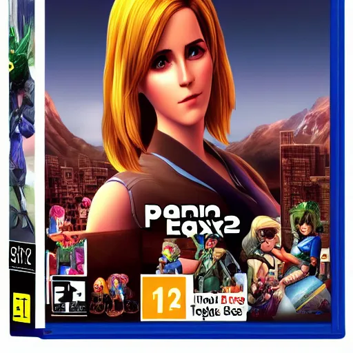 Image similar to ps 2 game box keyart, emma watson the sims, playstation 2, oldschool