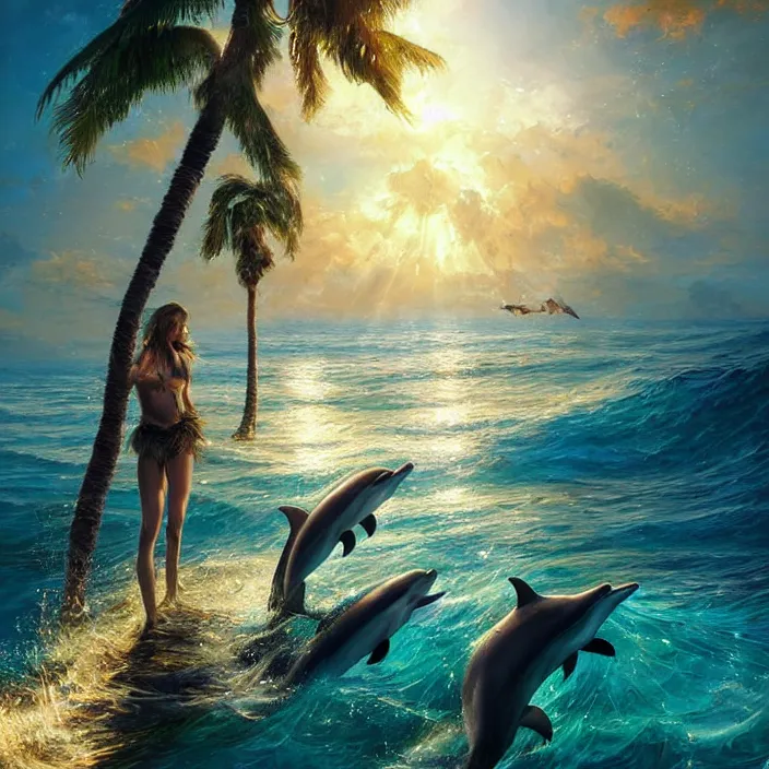 Image similar to dolphins swimming, golden hour, god rays, by artgerm and ruan jia and ismail inceoglu and greg olsen, palm trees, cosmos, milky way galaxy, masterpiece, beautiful, intricate, elegant, highly detailed