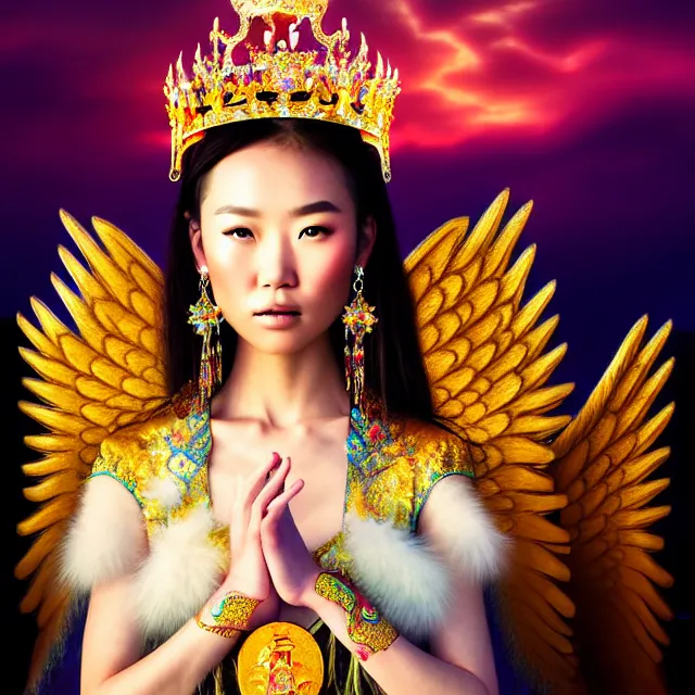 Image similar to beautiful asian mongolian princess goddess with angelic wings in a sensual pose, princess wearing a crown with gemstones, near lake baikal, atmospheric lighting, intricate, volumetric lighting, beautiful, sharp focus, ultra detailed, in the art style of bagshaw tom