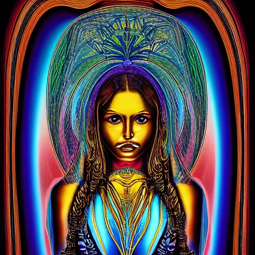 Prompt: cinematic photo of golden godess portrait in the style of Alex grey and davinci