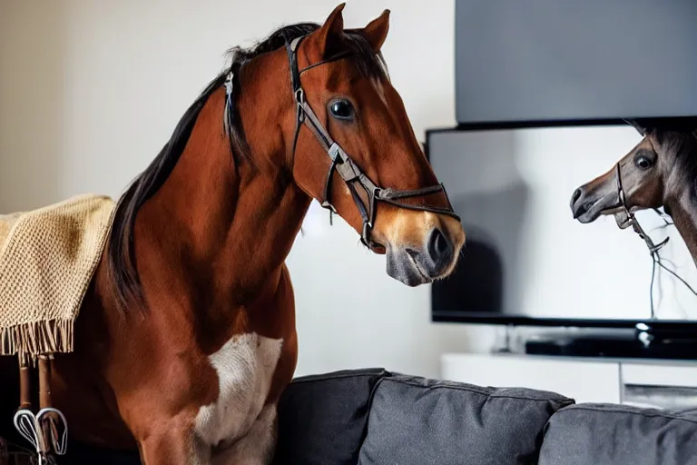 Image similar to a horse with a hat and a shirt and pants while its watching tv on sofa