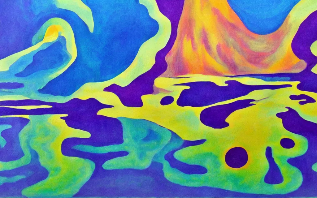 Image similar to the explosion of an atomic power plant and reflection in a lake in the style of georgia o keeffe. colorful, wavy. painting. medium long shot. perspective. color palette of blue, yellow, purple, green.