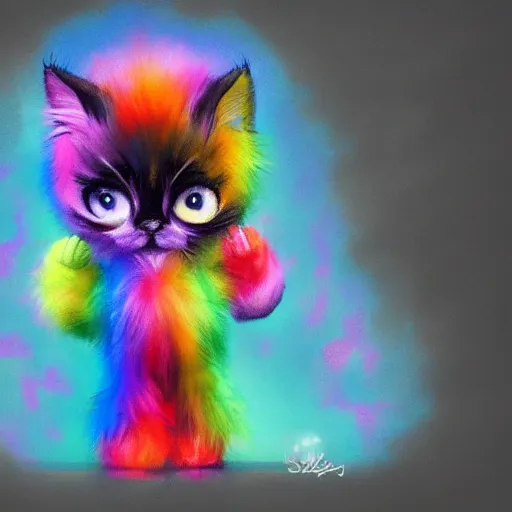 Image similar to wide angle full body, jacket wearing fluffy cute rainbow kitten wearing a black leather motorcycle jacket, cinematic concept art