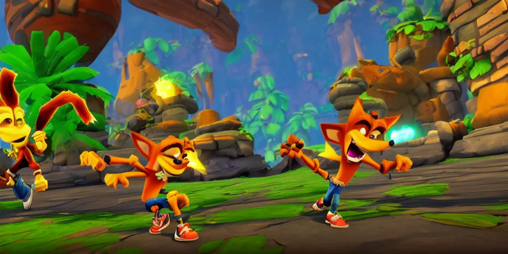 Image similar to crash bandicoot in the style of ratchet and clank rift apart game screenshot