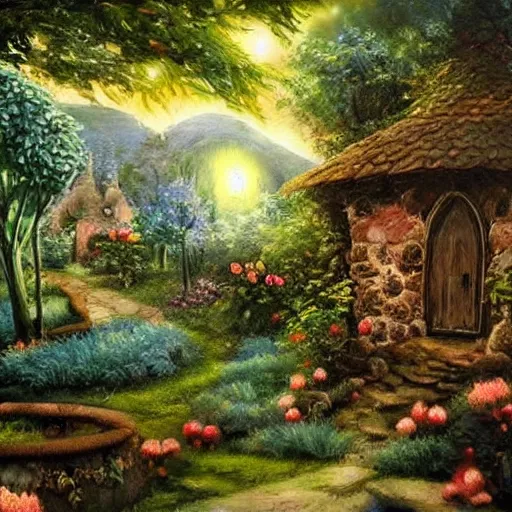 Image similar to garden in an elven village, fantasy, oil painting, ethereal