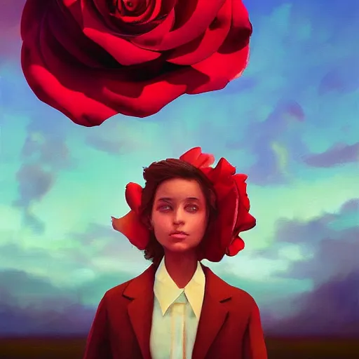 Prompt: closeup, giant rose flower head, portrait, girl with suit, surreal photography, sunrise, blue sky, dramatic light, impressionist painting, digital painting, artstation, simon stalenhag