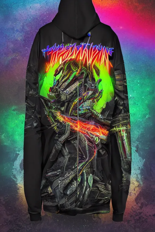 Image similar to photo of a hoodie, band merchandise, bandname is tripmachine, tourname is invasion of the tripmachines, realistic digital art, hoodie is textured with a 3 d render of a huge futuristic steampunk generator, 8 k, fluorescent colors, halluzinogenic, multicolored, exaggerated detailed, unreal engine