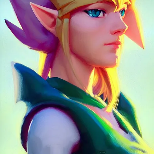 Image similar to portrait of a female Link from Legend of Zelda, medium shot, asymmetrical, profile picture, Organic Painting, sunny day, Matte Painting, bold shapes, hard edges, street art, trending on artstation, by Greg Manchess and Huang Guangjian and Loish and Gil Elvgren and Sachin Teng