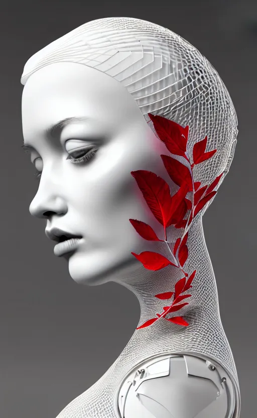 Image similar to complex 3d render ultra detailed of one single beautiful porcelain profile woman face, mechanical cyborg, 150 mm, accent lighting, beautiful studio soft light, rim light, silver gold red details, luxurious, magnolia big filigran ultra detailed leaves and stems, black roots, Alexander Mcqueen haute couture, fine foliage lace, mesh wire, filigran intricate details, hyperrealistic, mandelbrot fractal, anatomical, silver metal armor, facial muscles, cable wires, microchip, elegant, white background, beautiful white teeth, beautiful lips, octane render, H.R. Giger style, 8k